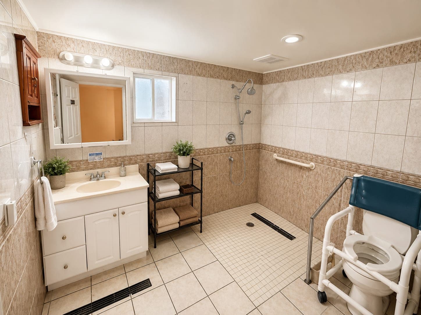 A bathroom with a step-free shower, grab rails and clear floor space.